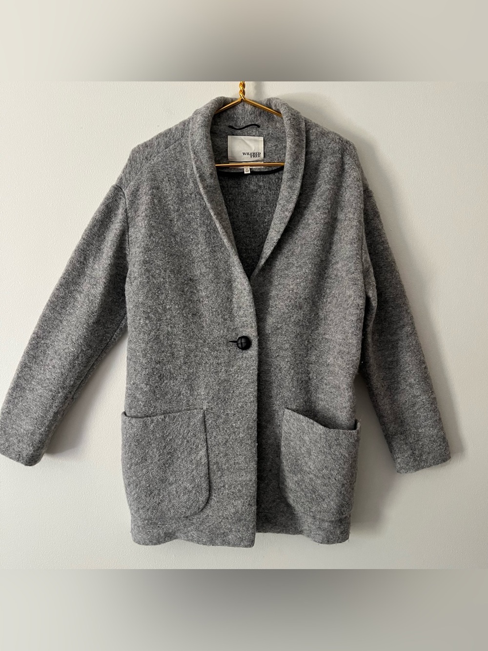 Wilfred Free Gray Shawl-Collar Wool-Blend Knit Sweater Coat Minimalist Cozy Med